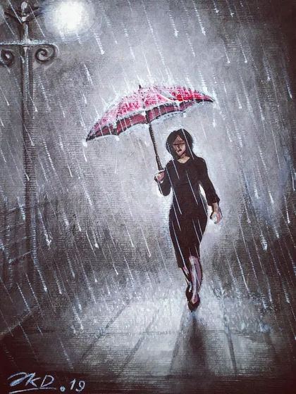 I created this acrylic painting of a woman walking in the rain at night. I wanted to capture the mood of a rainy evening, playing with light from the streetlamp and reflections on the wet pavement.