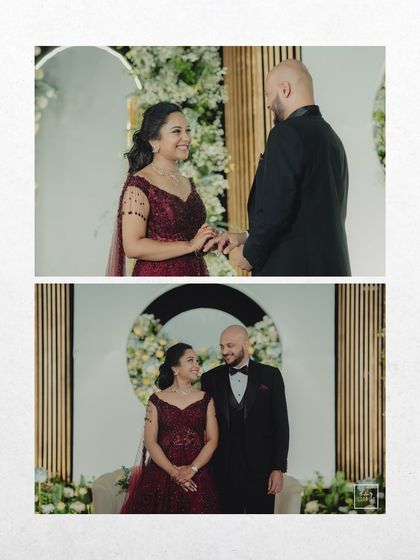 Two key moments from an engagement ceremony. This highlights the emotional ring exchange and a classic, happy portrait of the newly engaged couple.