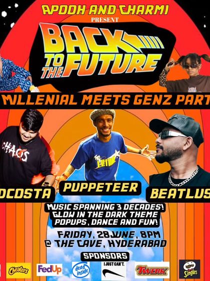 The flyer for the 'Back to the Future' party, a Millennial meets Gen Z themed night with music spanning three decades.
