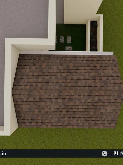 Another top-down view from the 3D model, showing the shingle roof from a different angle.