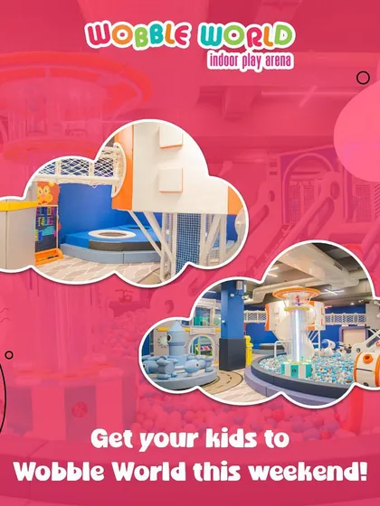 A collage showcasing our trampoline and ball pit areas. We invite you to get your kids to Wobble World this weekend for non-stop fun.
