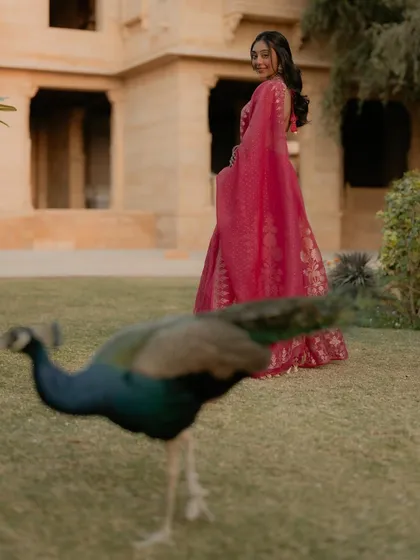 A playful photobomb from a peacock during Kajal's photoshoot at Suryagarh. This unexpected moment adds a touch of authentic Rajasthani character to the image.