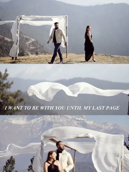 A collage showing a couple against a mountain backdrop with a simple white cloth arch, creating a beautiful and minimalist setup that emphasizes their connection.