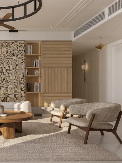 This living room concept features a TV unit with a stunning veneer slider panel that doubles as abstract art. A double-sided couch creates distinct conversational zones, perfect for both formal and informal gatherings.