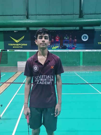 Our player Siddhant, pictured on court. His hard work paid off as he reached the main draw of the Ashwani Gupta Memorial All India sub-junior ranking tournament in the U-15 XD category.