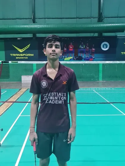Our player Siddhant, pictured on court. His hard work paid off as he reached the main draw of the Ashwani Gupta Memorial All India sub-junior ranking tournament in the U-15 XD category.