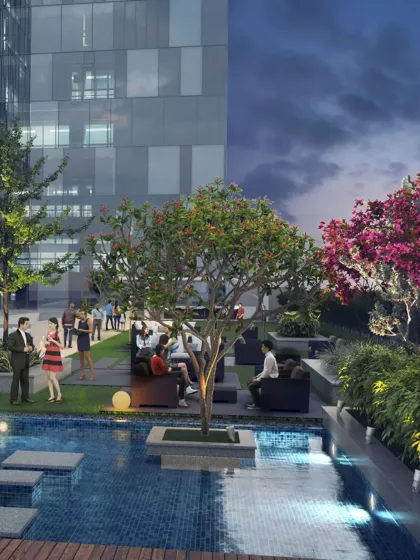 Well-designed retail hubs can become important social spaces for cities. This render shows a rooftop garden and pool area in a commercial development, creating a "third space" for gathering and connection.