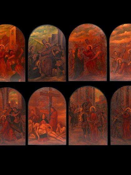 A composite view of the eight oil on tin-sheet paintings, showing the complete narrative of the 'Via Dolorosa'.
