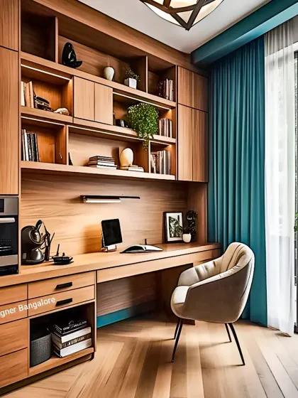 A complete work-from-home solution designed for productivity and style. This integrated unit features a spacious desk, ample overhead and side cabinetry for storage, and a built-in oven, creating a multi-functional corner in the home.