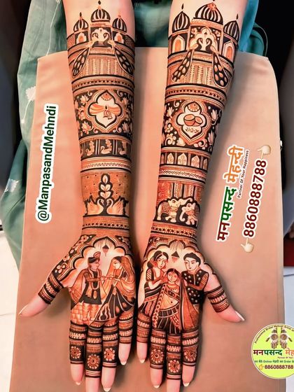 This design tells a complete wedding story, with portraits of the pheras and family moments on the palms. The forearms feature architectural details, creating a narrative scroll of the big day.