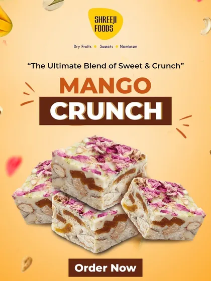 For something a little different, I created this Mango Crunch. It's a unique sweet that blends the taste of real mango with the crunch of nuts and the fragrance of rose petals. It's a perfect mix of sweet and crunchy textures.