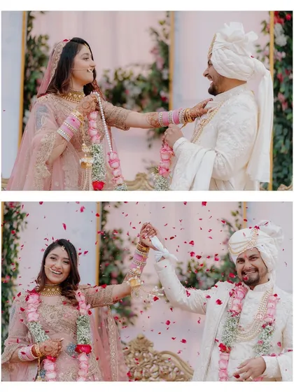 A collage capturing the happy moments of the Jaimala and the beginning of the Anand Karaj ceremony for a lovely Sikh couple.