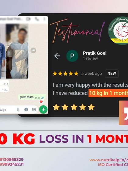 A screenshot of a WhatsApp chat and a Google review showing a 10 kg weight loss in just one month. The client expresses how happy he is with the results.