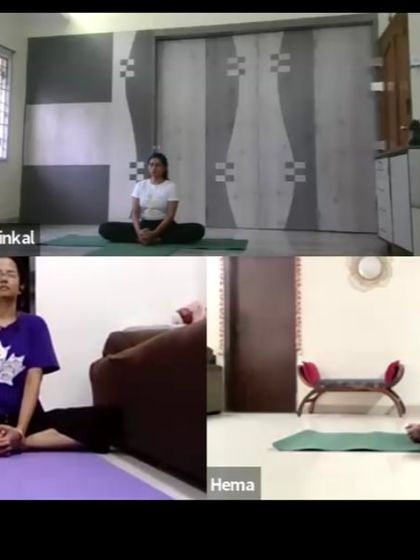 Students practicing Baddha Konasana (Bound Angle Pose) during a live online session. This pose is excellent for opening the hips and improving flexibility in the inner thighs, and we offer modifications for all body types.