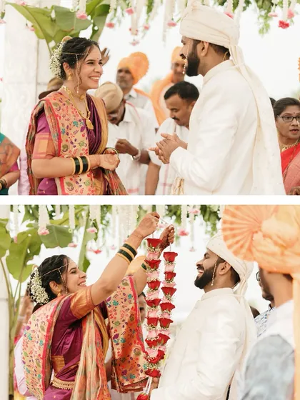 More joyful moments from the Varmala exchange. The bride's playful attempt to garland the groom brings smiles to everyone's faces, and we are there to capture it.