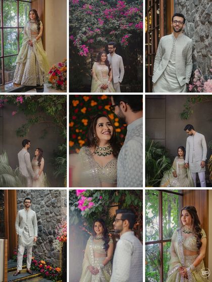 A collage of beautiful moments from a Mehendi ceremony. This grid showcases the elegant portraits, candid interactions, and stunning details we capture to tell the complete story of your celebration.