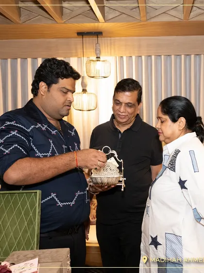 A client exploring one of our silver-plated serving pieces at the Ahmedabad store launch. I love having the opportunity to explain the craftsmanship and story behind each item.