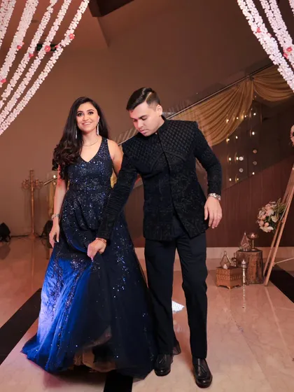 A candid, in-motion shot of Aakash and Prarthana during their engagement party. Capturing these unscripted moments of joy is a key part of our storytelling approach.