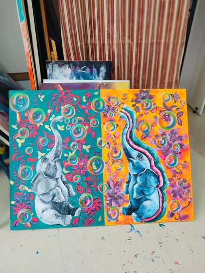 A playful diptych of elephants blowing bubbles. These two canvases are meant to be displayed together and are available for sale.