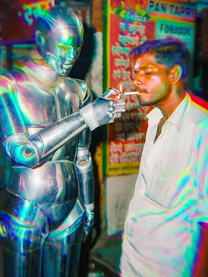 A shimmering, iridescent robot lights a man's cigarette. A surreal, dreamlike image titled 'Large Lighter Model'.