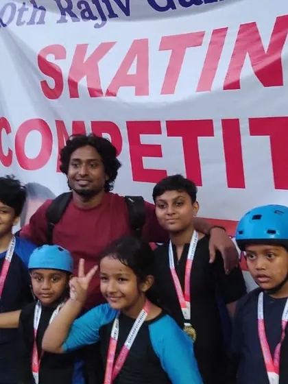 Our young skaters posing with their medals after a successful day at a skating competition. Congratulations, champs.