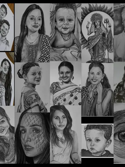 A showcase of diverse artworks, including portraits of women, children, and even a depiction of a goddess, reflecting my versatility as an artist.