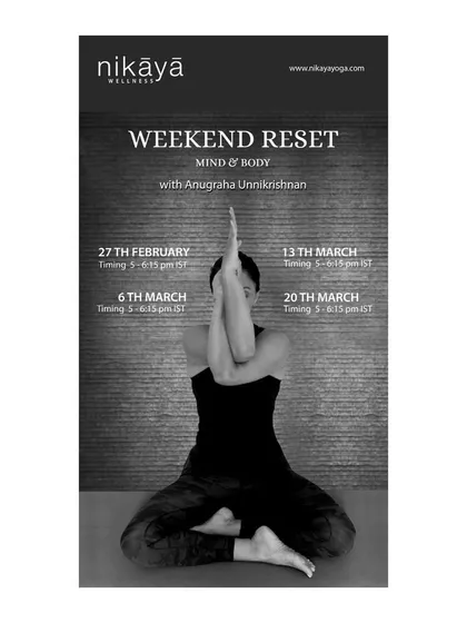 My "Weekend Reset" workshops are an invitation to slow down and find stillness. These sessions focus on Yin Yoga, a practice of long, passive holds that release deep tension and rejuvenate your body and mind. It's the perfect way to pause and reconnect with yourself.