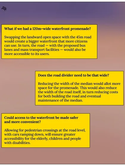 Our proposal questions the necessity of a wide road divider and suggests safer, at-grade pedestrian crossings for the Coastal Road. These small, practical changes can dramatically improve accessibility for the elderly, children, and people with disabilities.