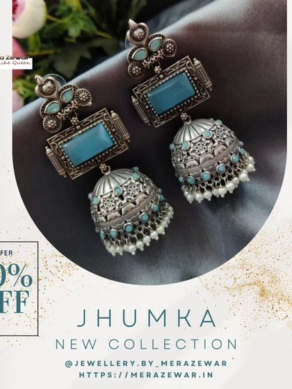 The same popular oxidized jhumka design, this time in a cool sky blue. This shows how the same piece can have a completely different vibe depending on the color you choose.