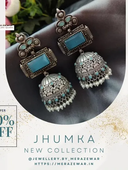 The same popular oxidized jhumka design, this time in a cool sky blue. This shows how the same piece can have a completely different vibe depending on the color you choose.