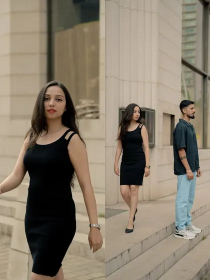 A duplicate of image 8, this diptych captures a cinematic moment of the couple on city steps. It highlights my ability to create artistic, story-driven compositions in urban settings.