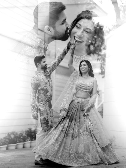 A creative black and white double-exposure of the couple from their Mehendi. It blends a dancing shot with a joyful close-up, capturing the spirit of the event.