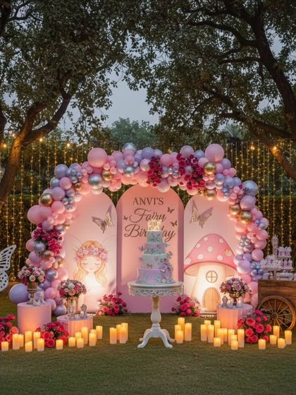 An enchanting outdoor fairy birthday setup featuring a custom illustrated backdrop and a lush balloon arch. The surrounding trees with hanging lights and candlelit floor create a magical, woodland fairy-tale ambiance.