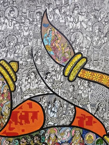 Here, you can see the fine rotary pen work that forms the foundation of the painting. The black and white miniature drawings are later filled with color, but even in their raw form, they tell a powerful story of devotion and mythology.