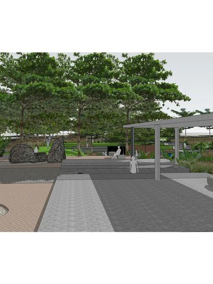 This 3D sketch of the TVS entry plaza shows rock sculptures, a bridge over a water body, and an amphitheater. It's a step in the process of visualizing how people will move through and experience the space.