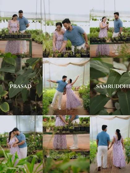 A collage telling the story of a pre-wedding shoot in a plant nursery. It shows the couple's playful and romantic interactions among the plants.