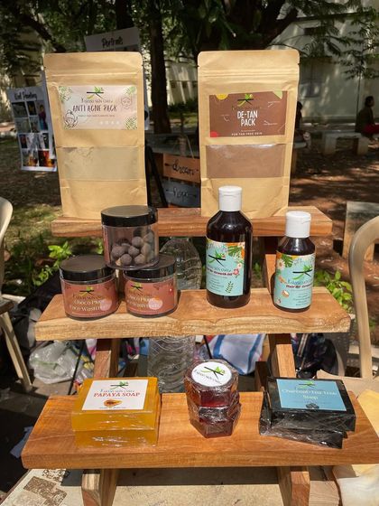 (Duplicate of 47) My product display at the LDC alumnae meet, featuring my most popular items like the Anti-Acne Pack, De-Tan Pack, Hair Re-Growth Oil, and handmade soaps.