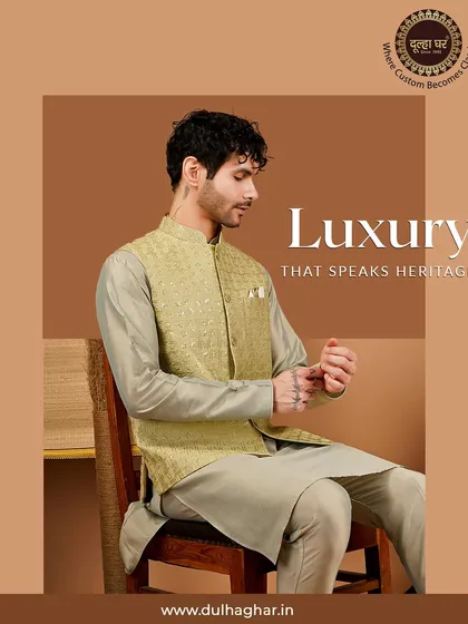 This is luxury that speaks of heritage. A soft pastel green kurta is layered with a beautifully detailed brocade Nehru jacket, creating a look of subtle elegance. It's a versatile combination I love for its royal yet comfortable feel.