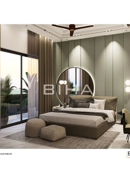 A slightly different angle of the son's bedroom, emphasizing the connection to the outdoors through the large glass doors. The sheer curtains diffuse the natural light, maintaining a soft and serene ambiance throughout the day.