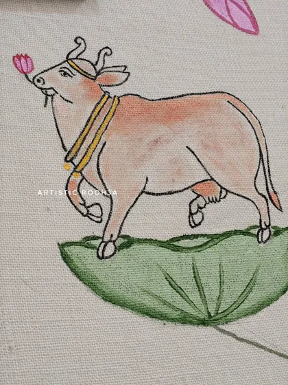 A detailed close-up of the Pichwai cow, highlighting the traditional artistic style.