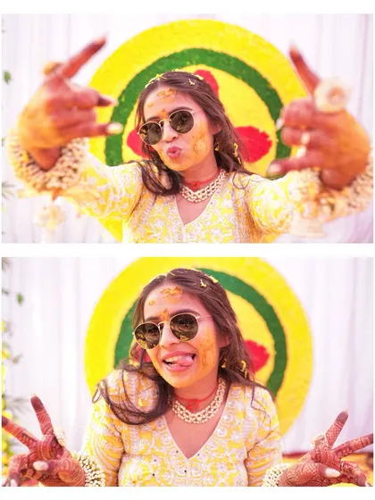 The bride showing off her fun side during the Haldi. We love it when our brides are playful and just enjoy their day to the fullest.