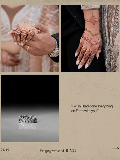 A mood board from an engagement, showing the ring, the couple holding hands, and the intricate mehndi design. I focus on all the details that make the day special.
