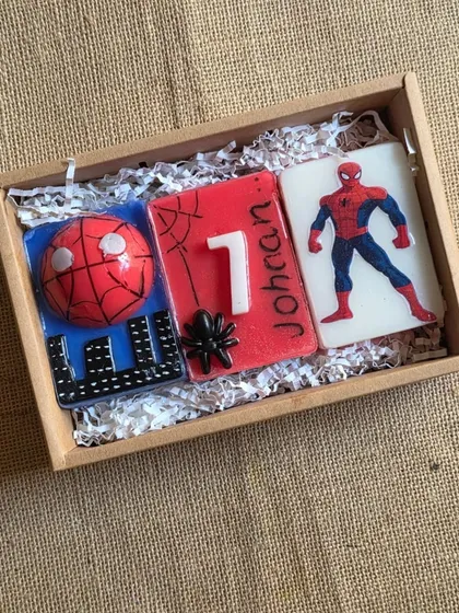 A first birthday is a big deal. I created this custom Spiderman-themed soap set for a young fan's party, complete with his name and age. All my kids' soaps are tear-free and made with gentle goat milk.