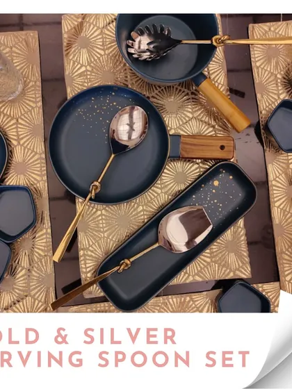 A repeat of the gold and silver serving spoon set, showing its versatility with different dinnerware styles.