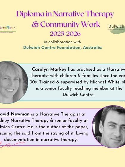 Our Narrative Therapy diploma is taught by senior faculty from the Dulwich Centre. This image introduces two highly experienced narrative therapists who are part of the teaching team.