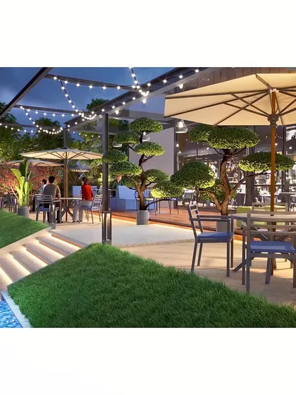 The outdoor seating area of a restaurant within the Flora Avenue community. Designing shared amenities like this is key to our philosophy of fostering social synergy and creating vibrant public spaces for residents to enjoy.