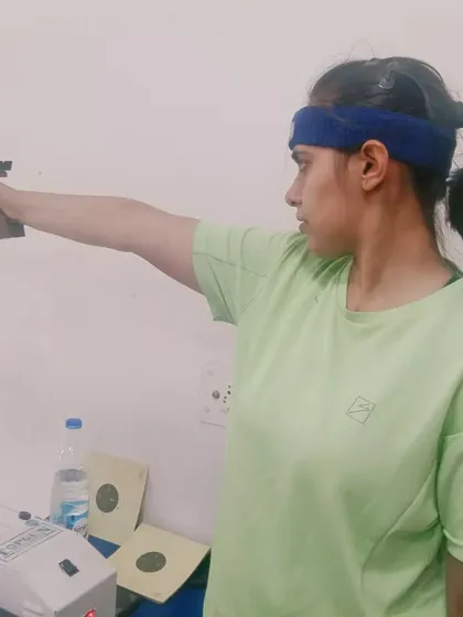 An intense training session at our Delhi branch. This shooter is practicing her 10m air pistol form, a discipline that requires immense focus and a steady hand.
