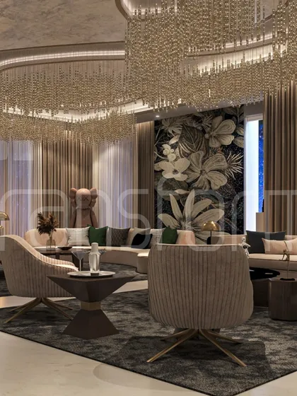 A living space designed for timelessness. The massive, cascading chandelier serves as the room's centerpiece, complemented by a floral accent wall and plush, curved seating that invites conversation and relaxation.