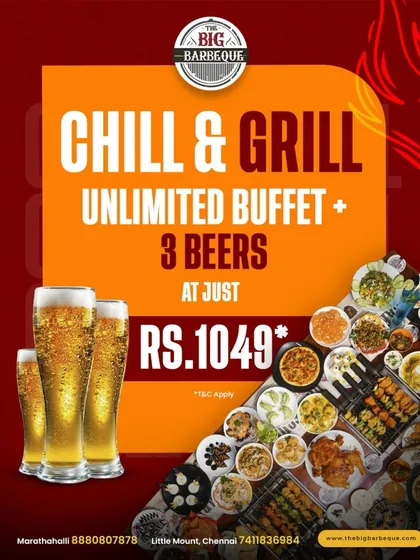 Buffet, beers, and a big appetite. Our Chill and Grill combo gives you our unlimited buffet and three beers for just ₹1049.