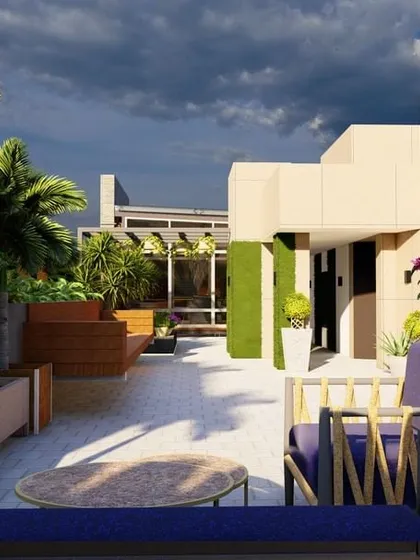 A render of a luxurious terrace with vibrant purple bougainvillea, large palm trees, and stylish purple seating. This design uses bold colors and lush foliage to create a lively and glamorous outdoor space.